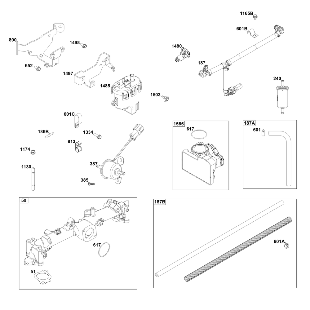 Throttle Body And Fuel Supply Group Diagram and Parts List for 61G877-0003-J1 400000 - 699999 Briggs and Stratton Engine